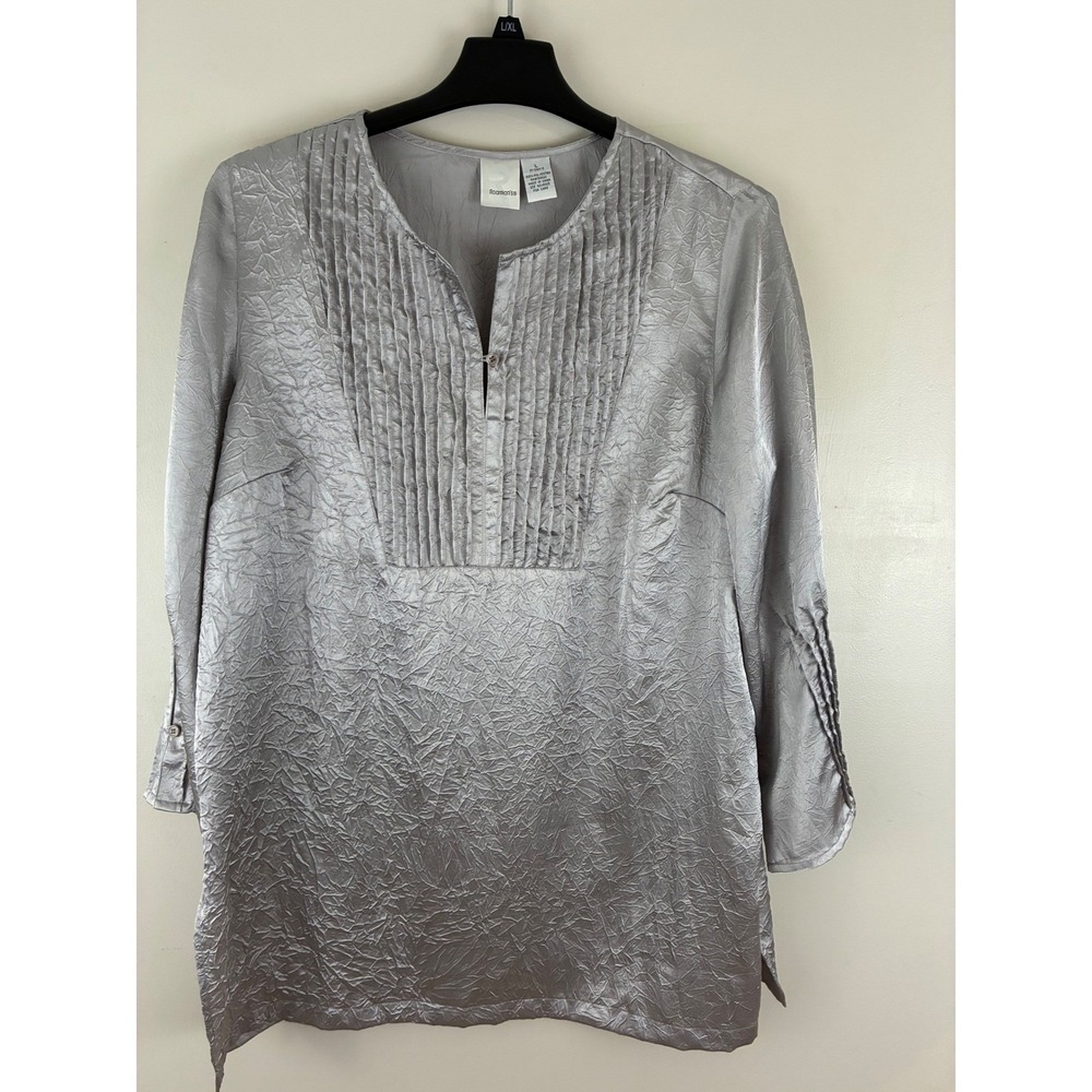 Roaman's Tunic Top Women L Silver Crinkle Pintuck Metallic 3/4 Sleeve Blouse